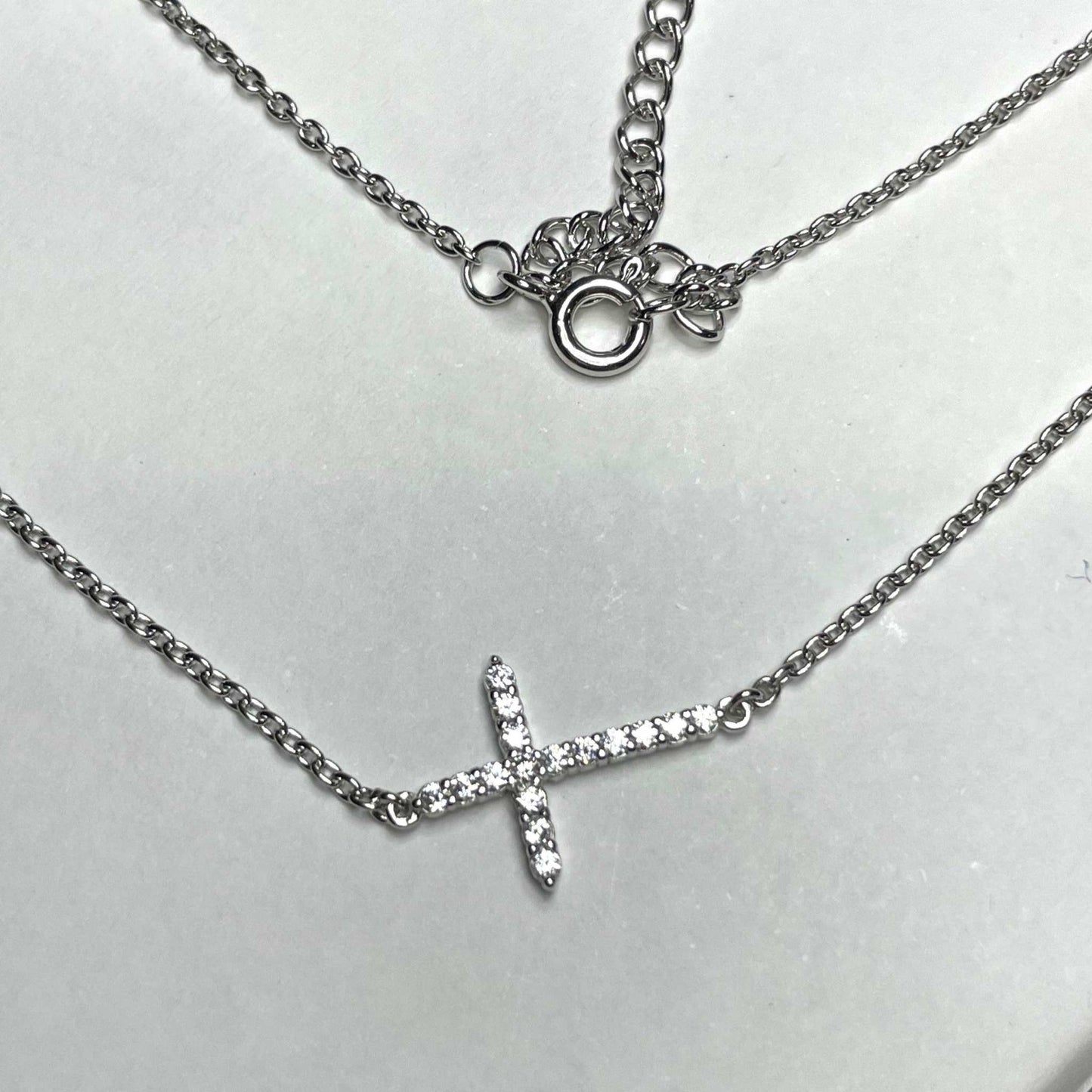 Sideways Cross Necklace- Shiny Sterling Silver and CZ