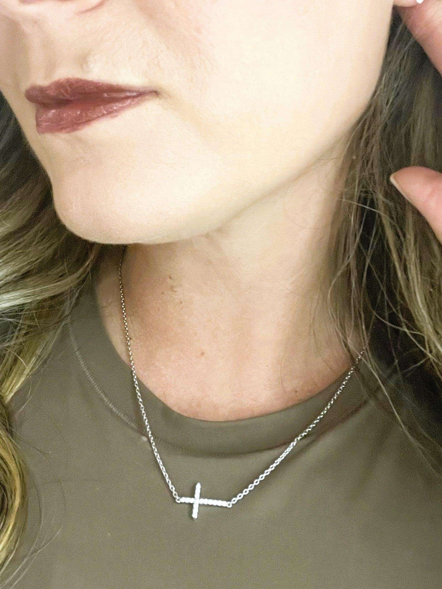 Sideways Cross Necklace- Shiny Sterling Silver and CZ