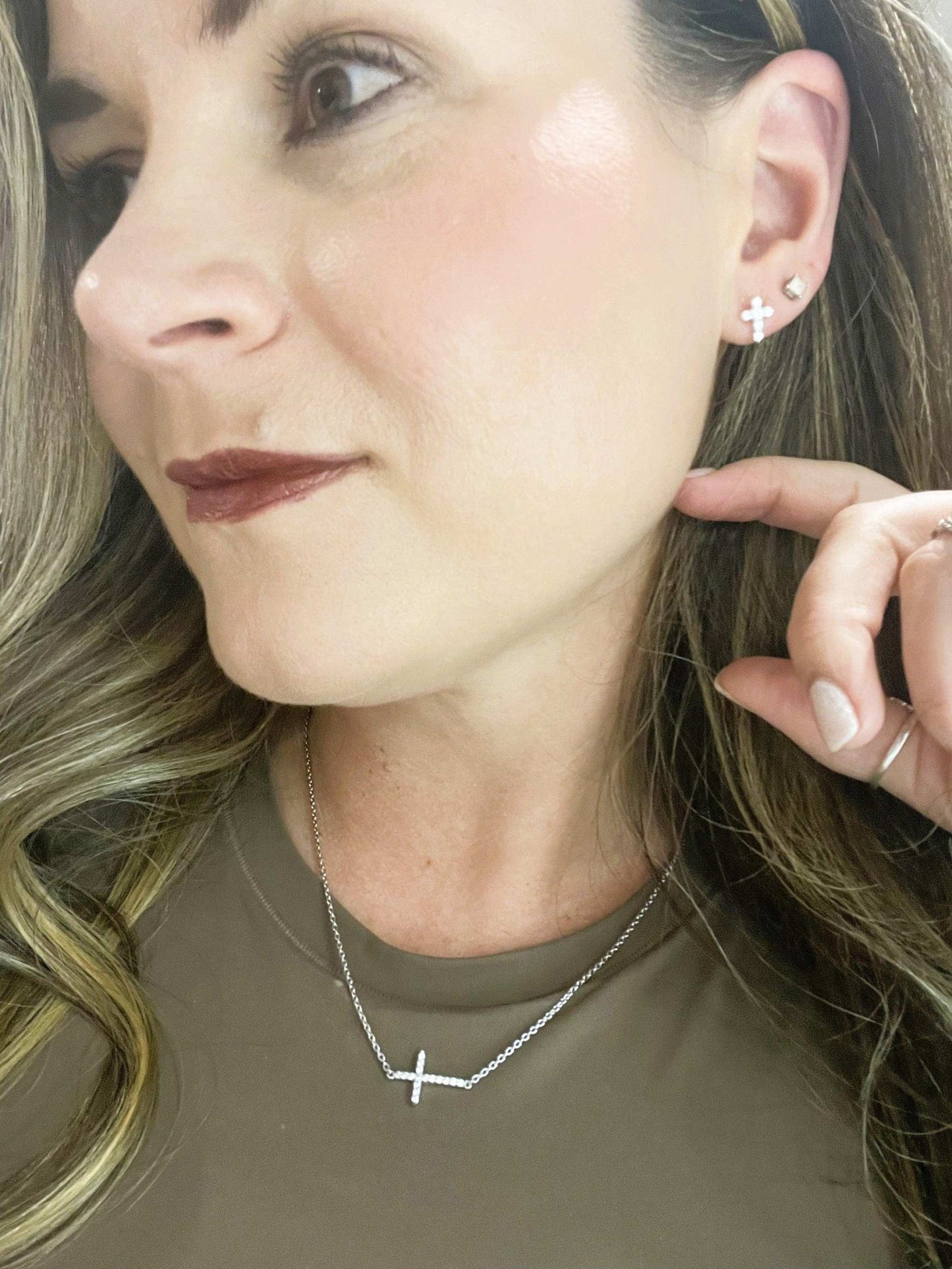 Sideways Cross Necklace- Shiny Sterling Silver and CZ
