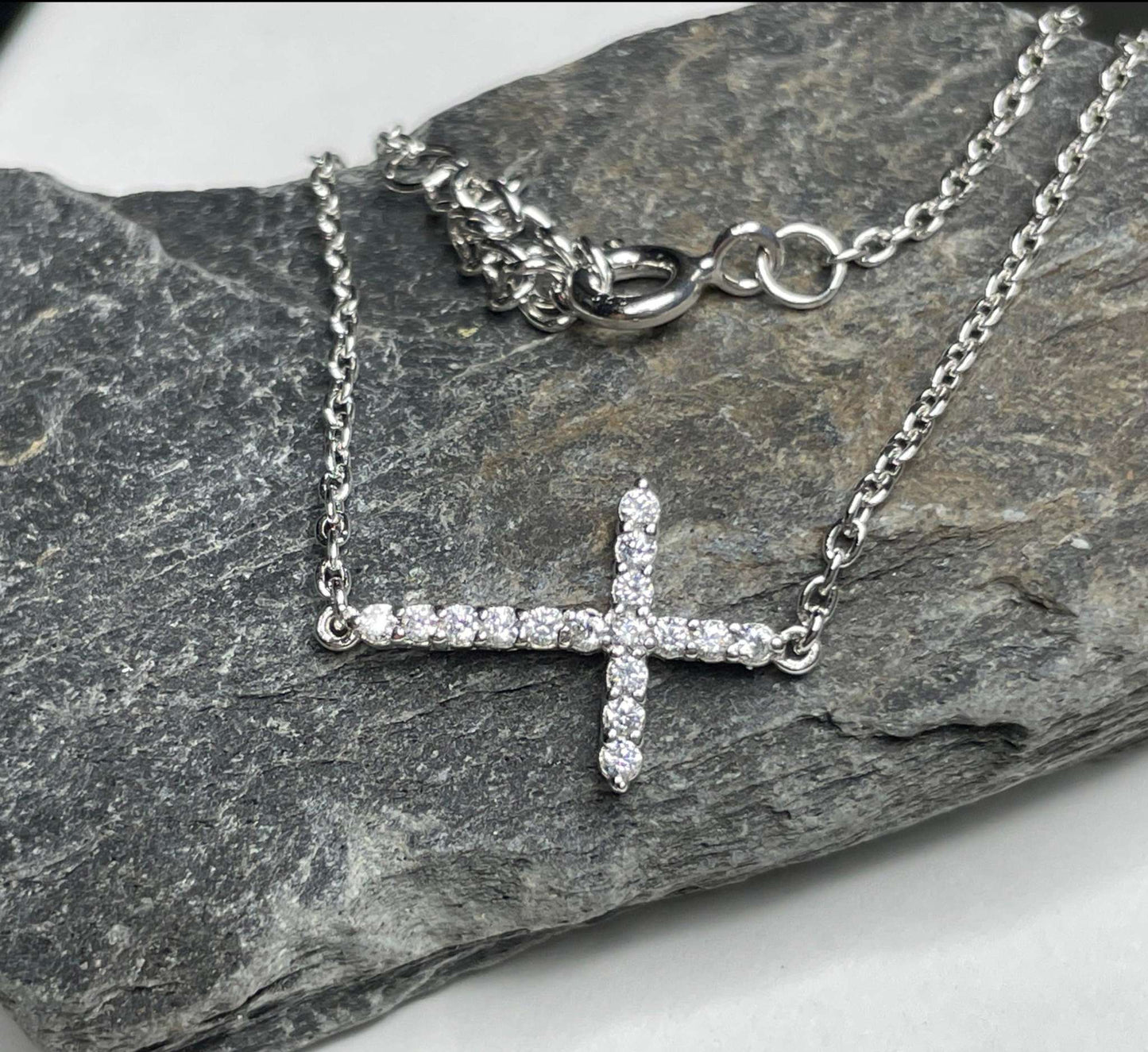 Sideways Cross Necklace- Shiny Sterling Silver and CZ