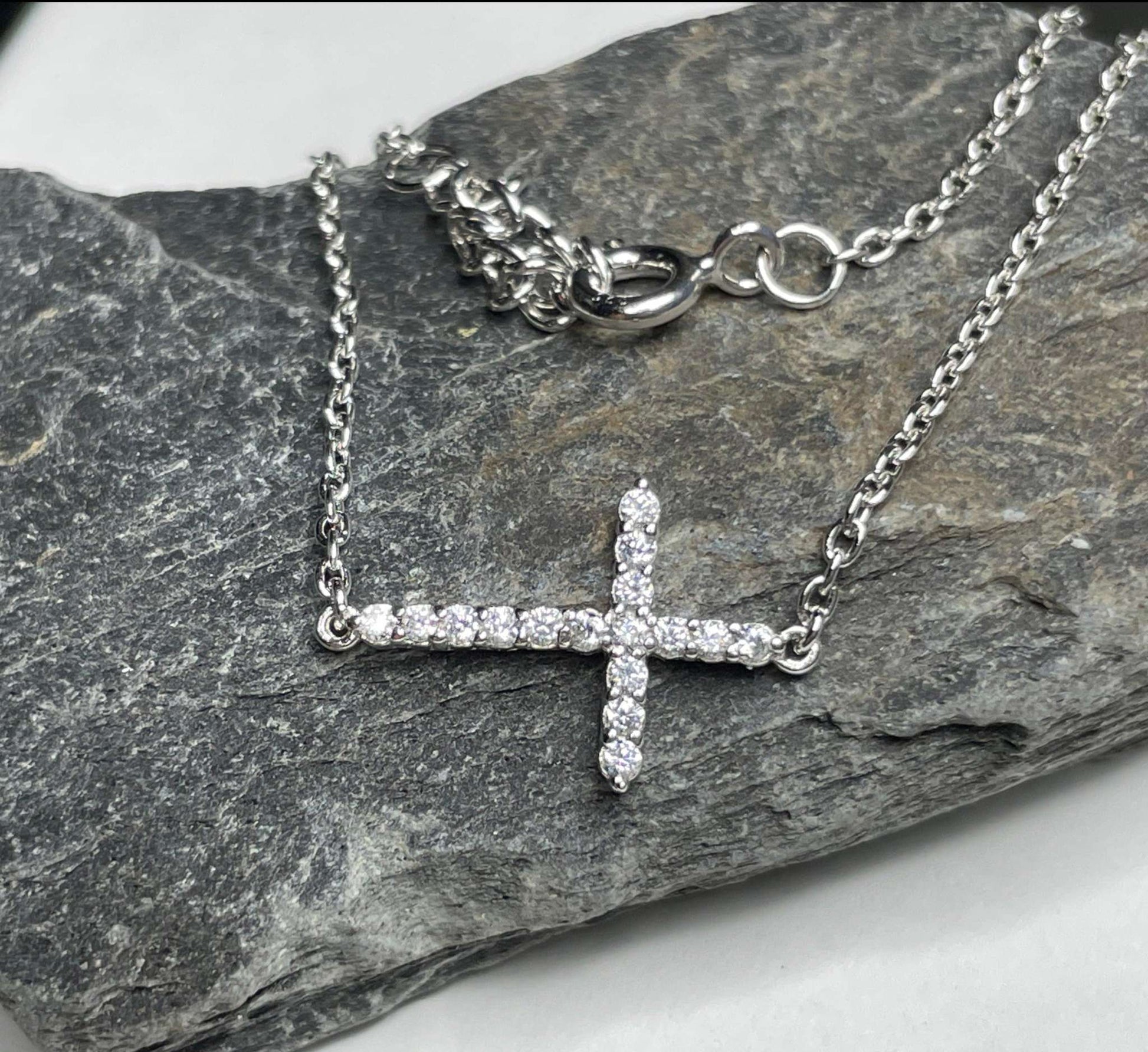 Sideways Cross Necklace- Shiny Sterling Silver and CZ