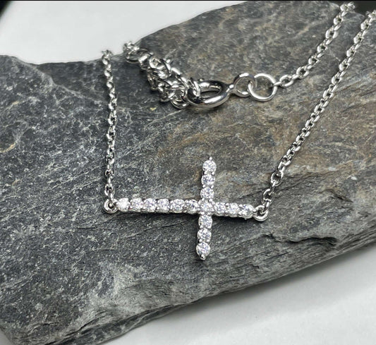 Sideways Cross Necklace- Shiny Sterling Silver and CZ