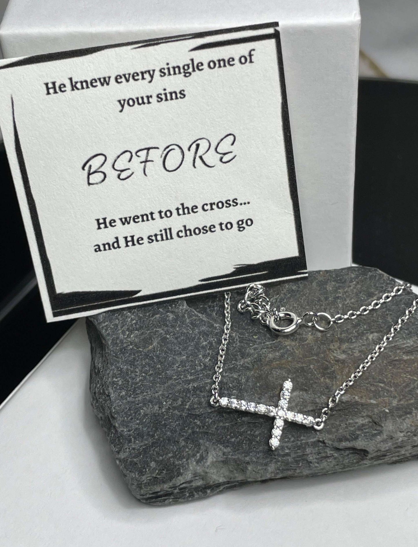 Sideways Cross Necklace- Shiny Sterling Silver and CZ