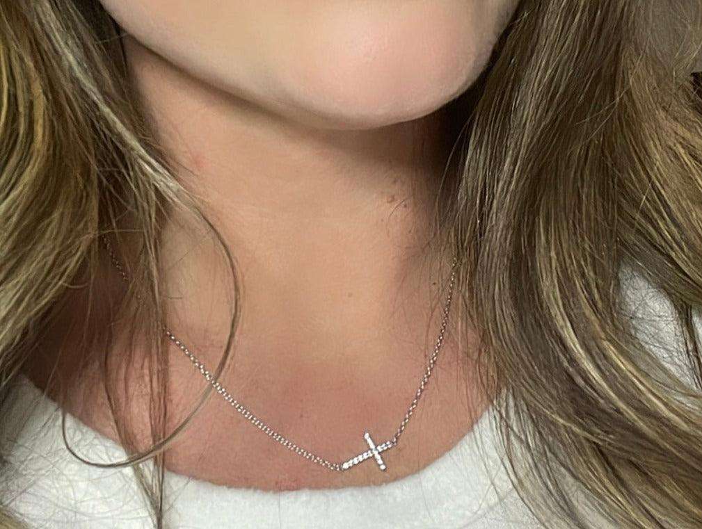 Sideways Cross Necklace- Shiny Sterling Silver and CZ