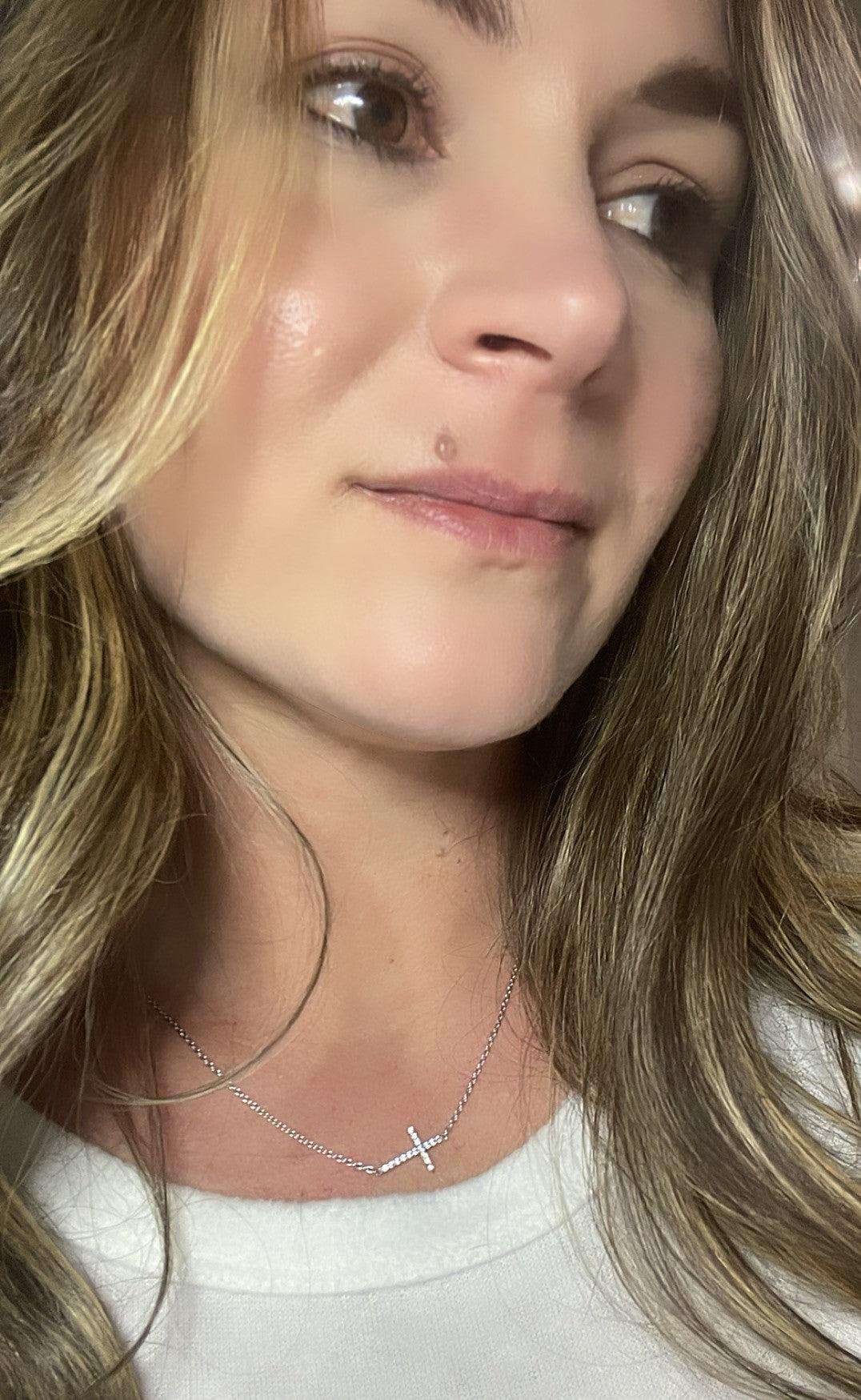 Sideways Cross Necklace- Shiny Sterling Silver and CZ