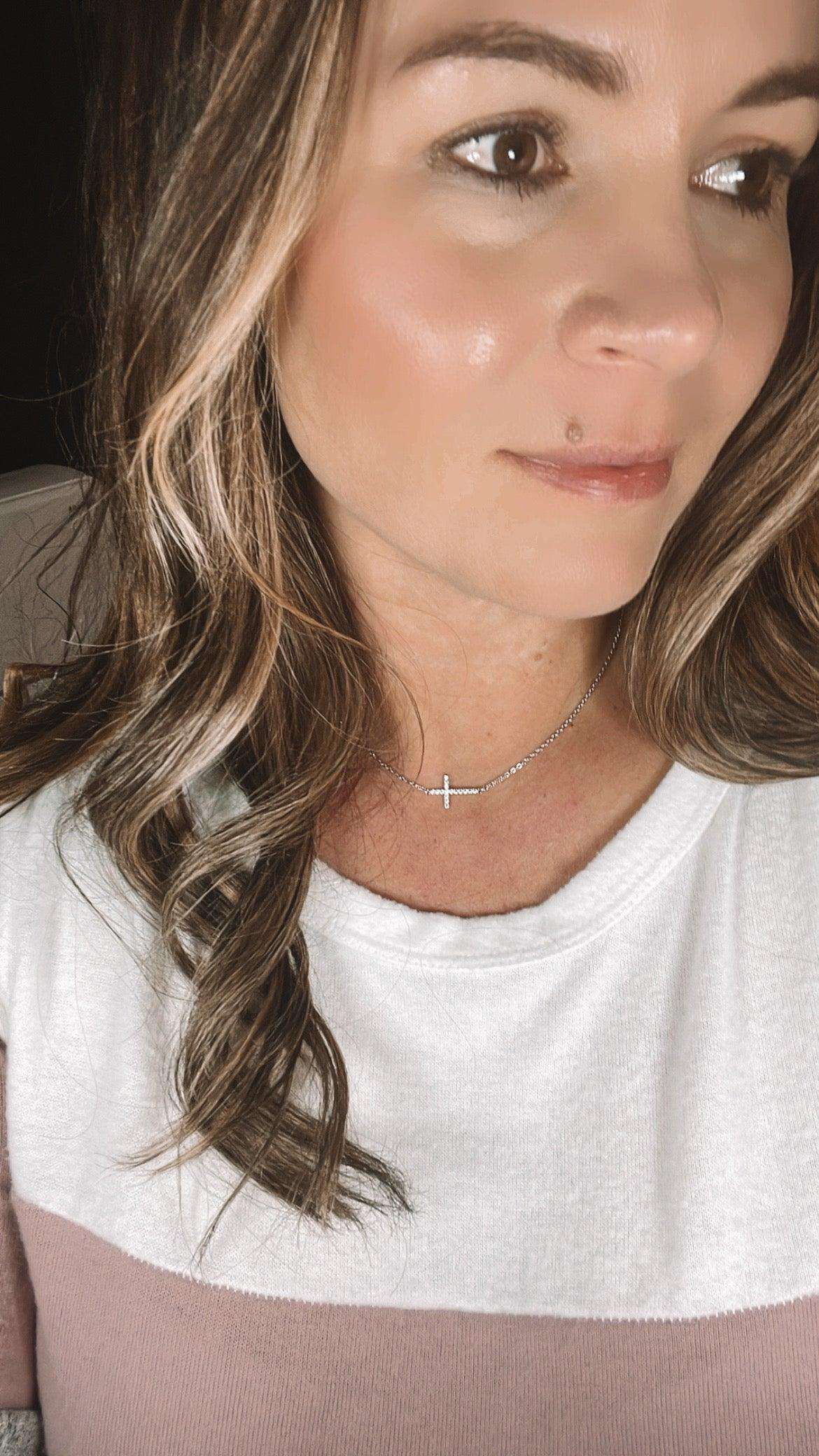 Sideways Cross Necklace- Shiny Sterling Silver and CZ