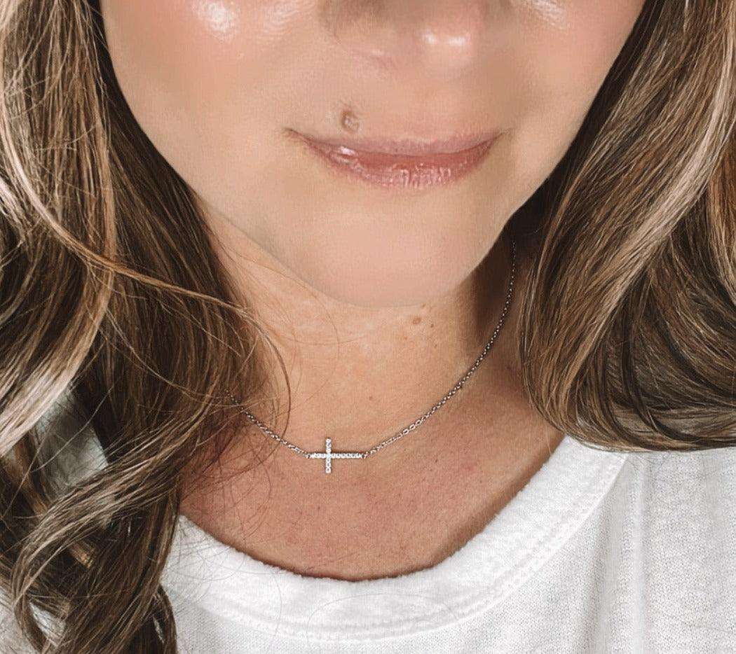 Sideways Cross Necklace- Shiny Sterling Silver and CZ