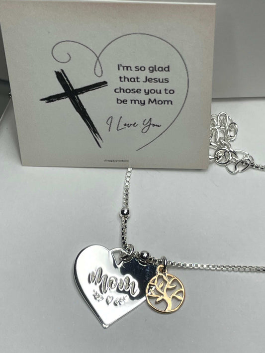 Sterling silver mom and family tree necklace with heart pendant and rose gold plated charm.