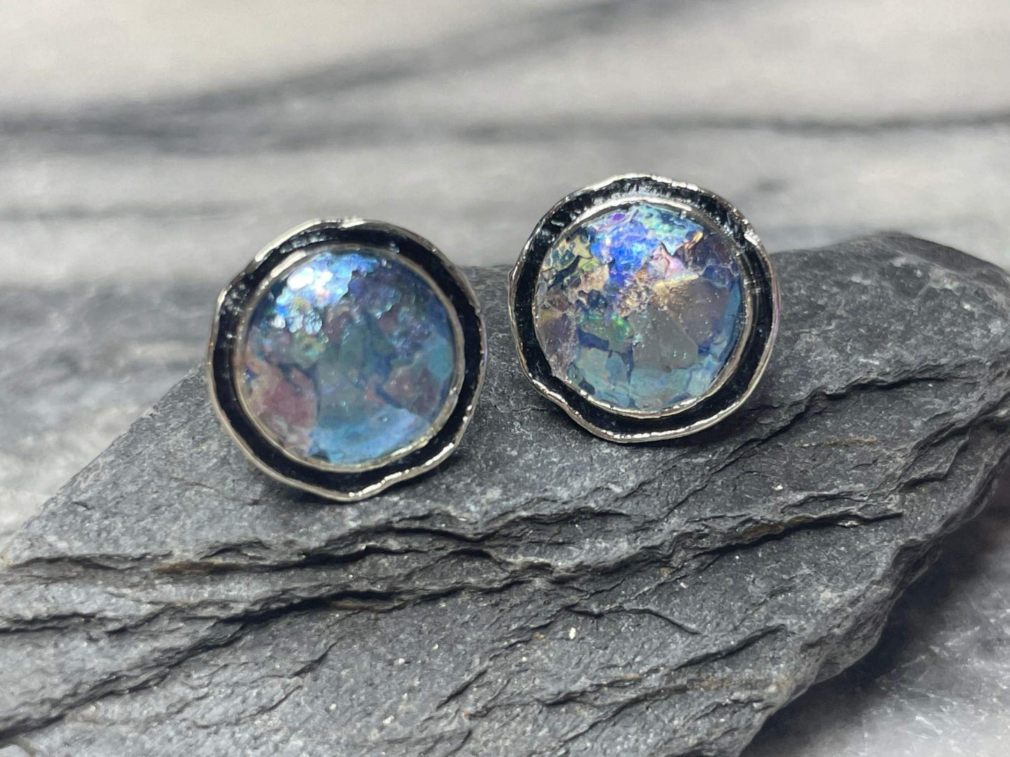 Roman Glass Stud Earrings, Round Oxidized authentic Roman Glass from Israel Chrisitan Gift Idea, Unique faith based jewelry