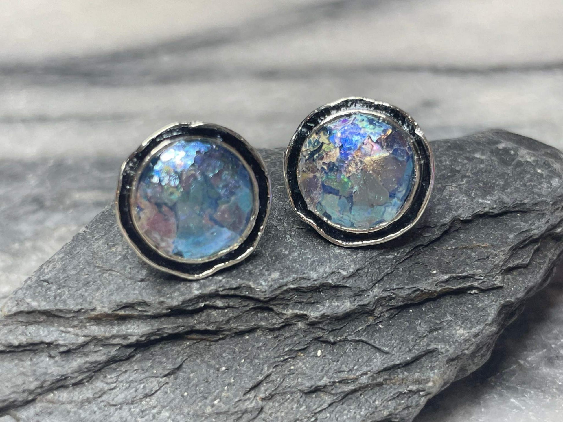 Roman Glass Stud Earrings, Round Oxidized authentic Roman Glass from Israel Chrisitan Gift Idea, Unique faith based jewelry