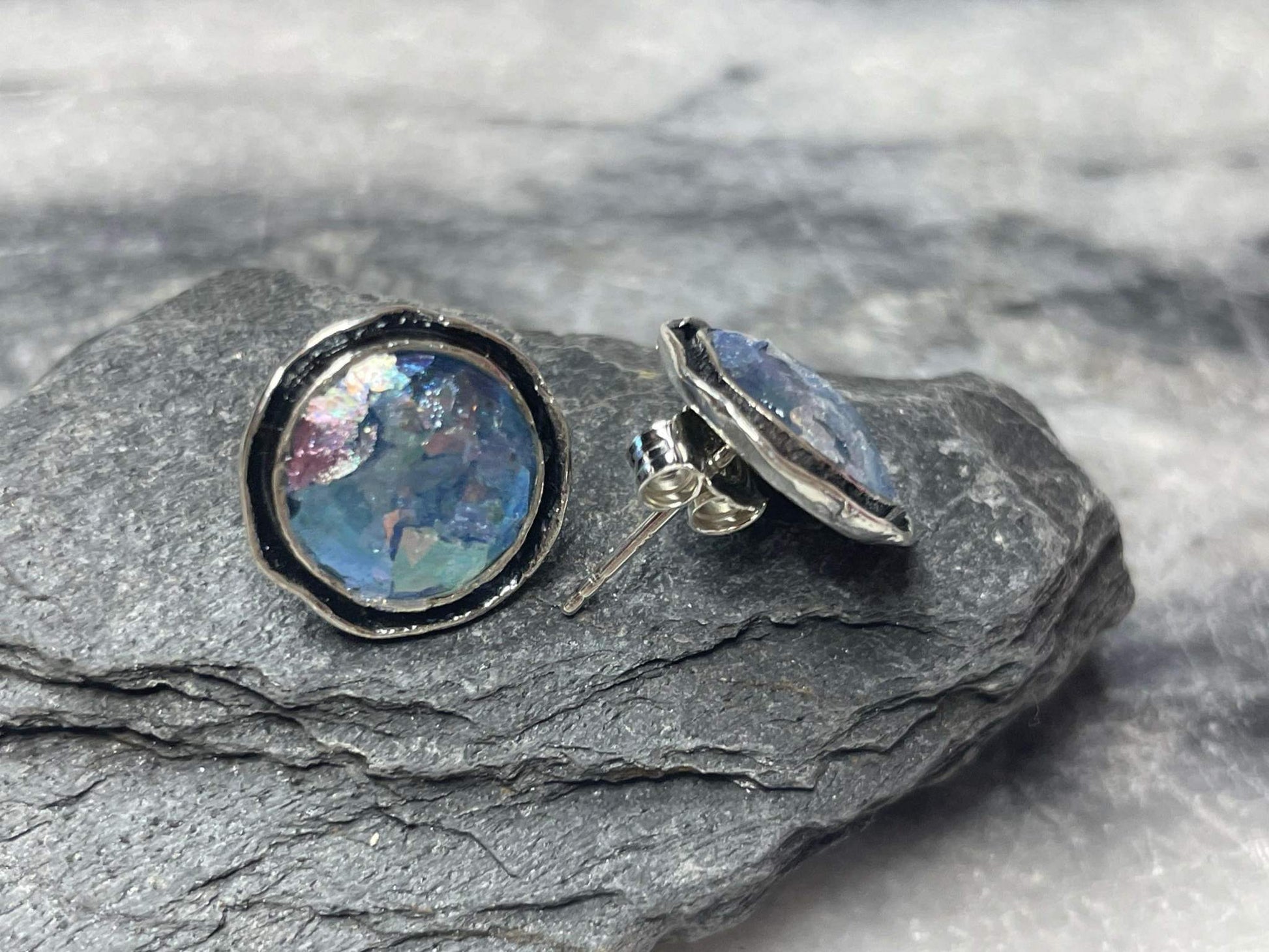 Roman Glass Stud Earrings, Round Oxidized authentic Roman Glass from Israel Chrisitan Gift Idea, Unique faith based jewelry