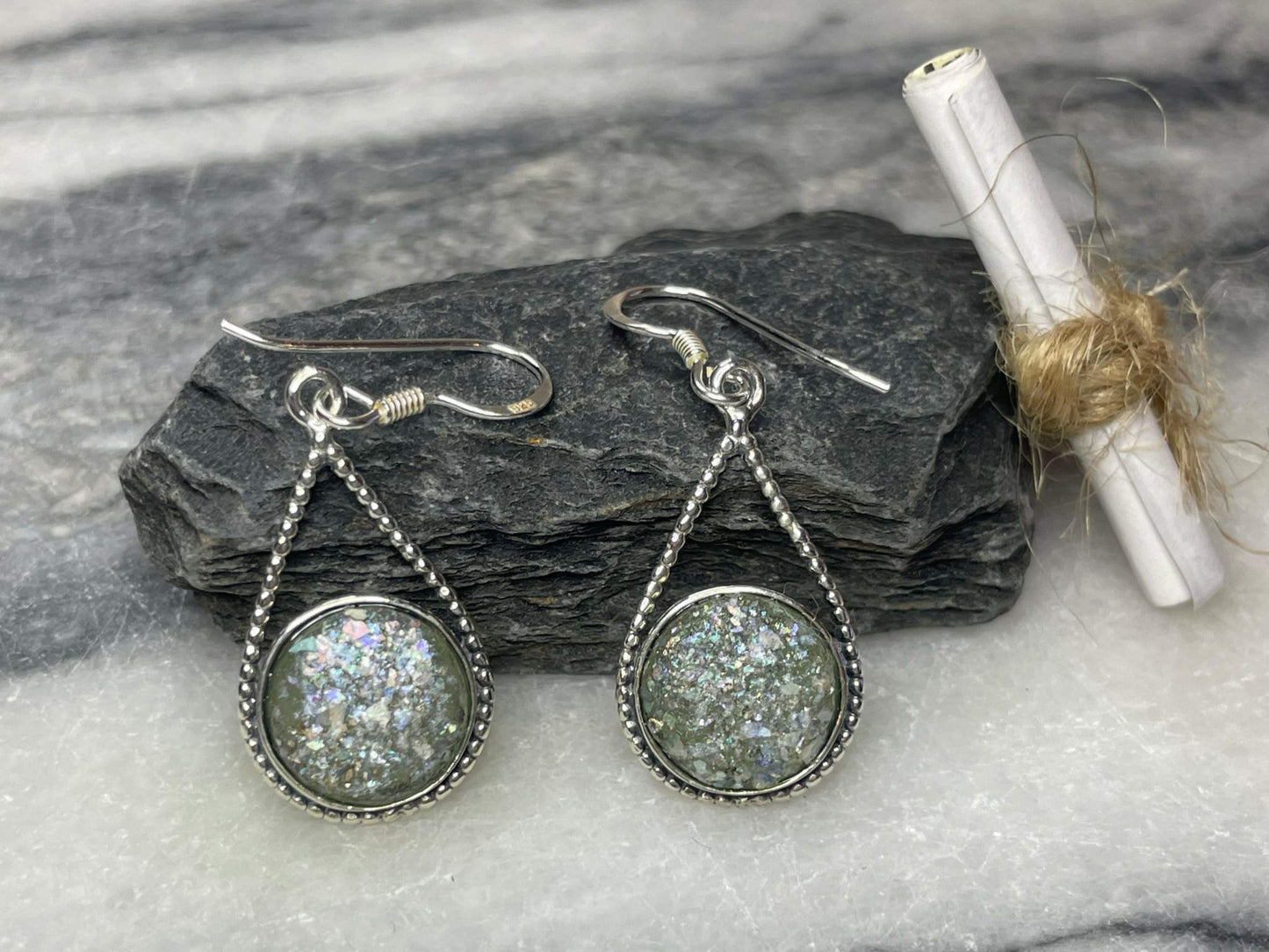 Roman Glass Pear Drop Earrings, Certificate of Authenticity, Made in Israel, Christian gift ideas for her. Christian business