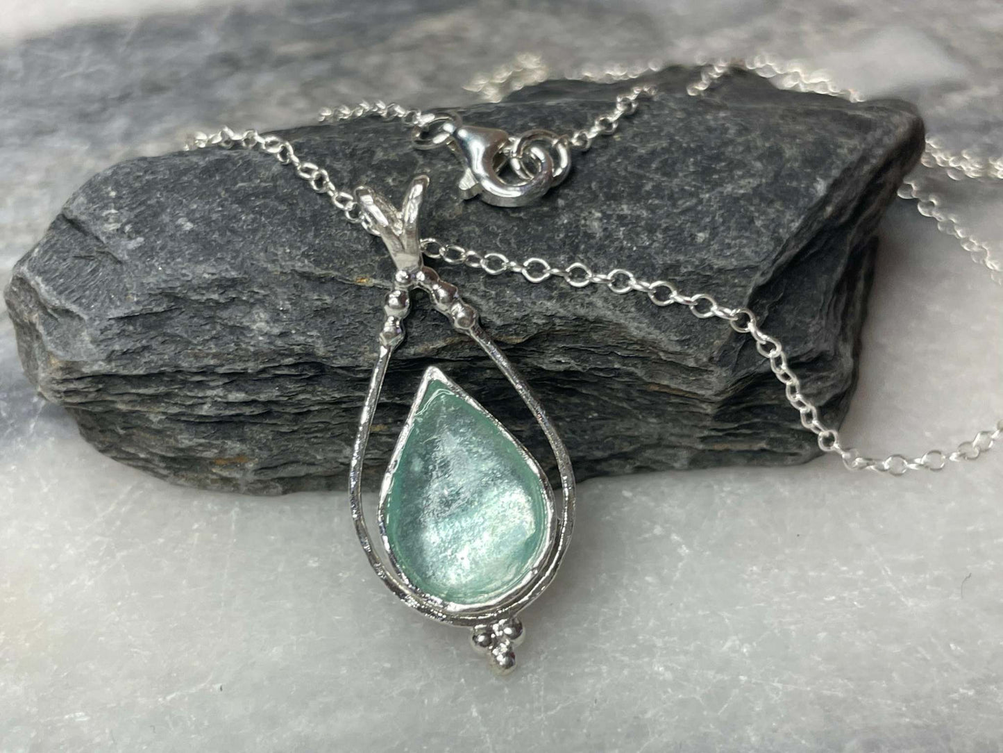 Roman Glass Pendant Necklace, Pear Shaped, Lobster clasp, handmade, .925 Silver, Authentic, Gifts from Israel. Christian Jewelry