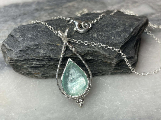 Roman Glass Pendant Necklace, Pear Shaped, Lobster clasp, handmade, .925 Silver, Authentic, Gifts from Israel. Christian Jewelry