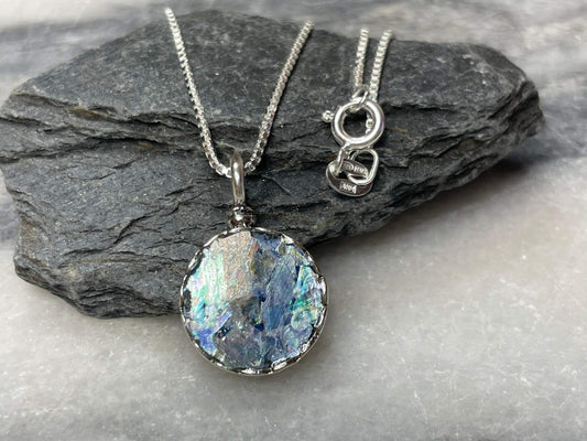 Roman Glass Round Pendant, box chain 18" necklace, Sterling silver, handmade in Israel, Certificate of Authenticity