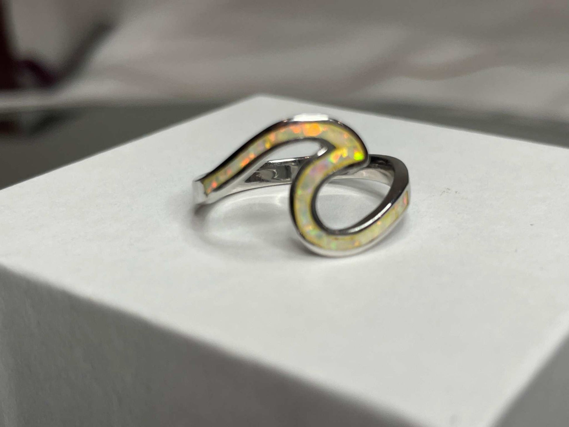 White Opal and Silver Wave Ring - God's Promise- Walk on Water- Christian Jewelry- Faith Based Gift Idea