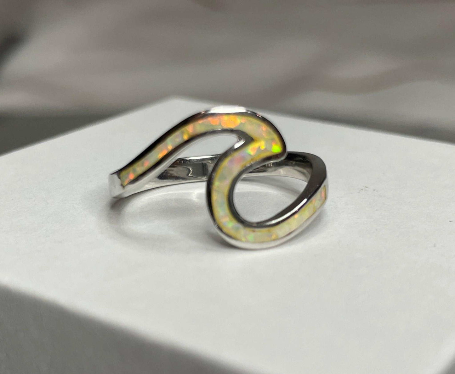 White Opal and Silver Wave Ring - God's Promise- Walk on Water- Christian Jewelry- Faith Based Gift Idea