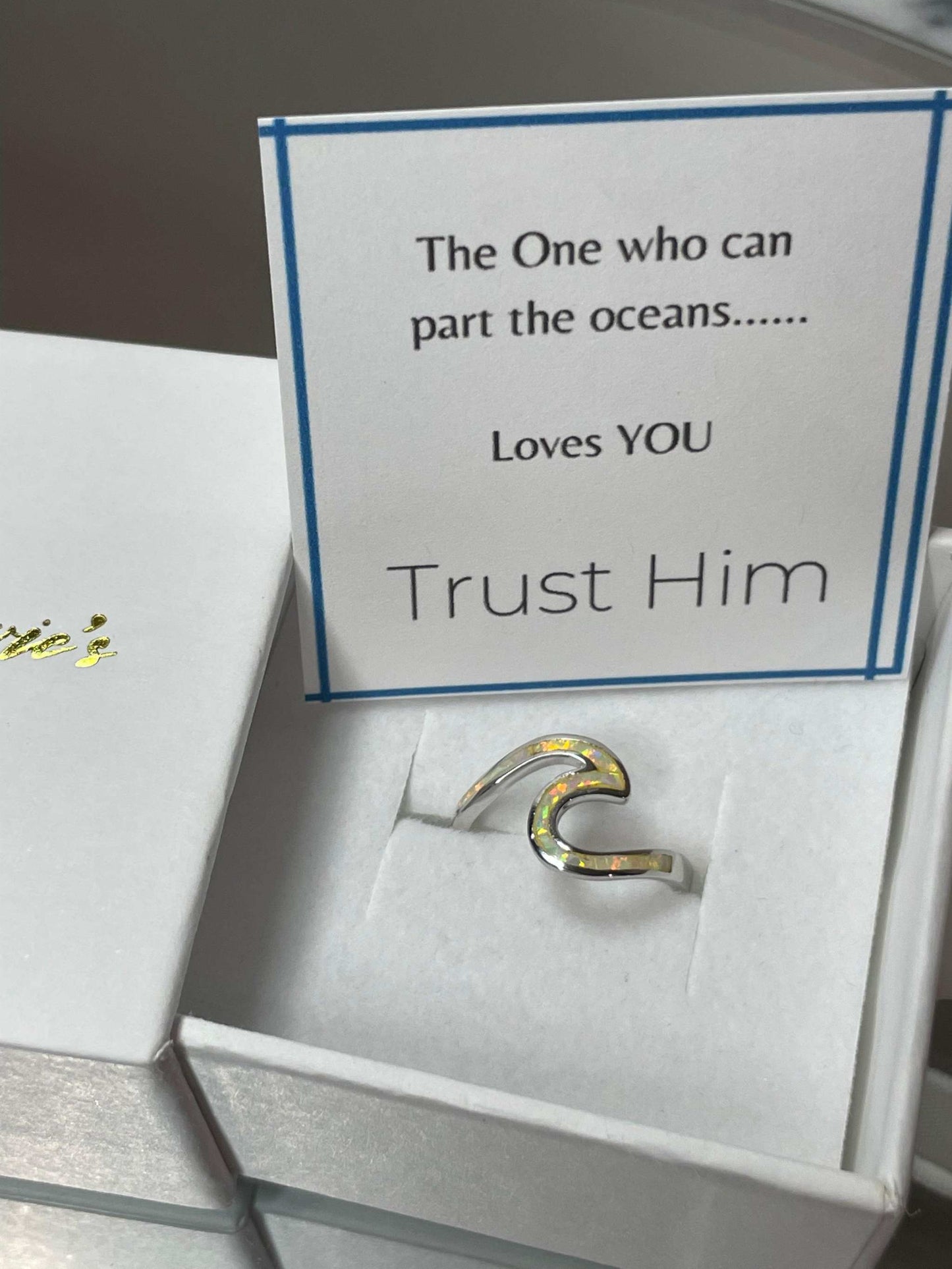 White Opal and Silver Wave Ring - God's Promise- Walk on Water- Christian Jewelry- Faith Based Gift Idea
