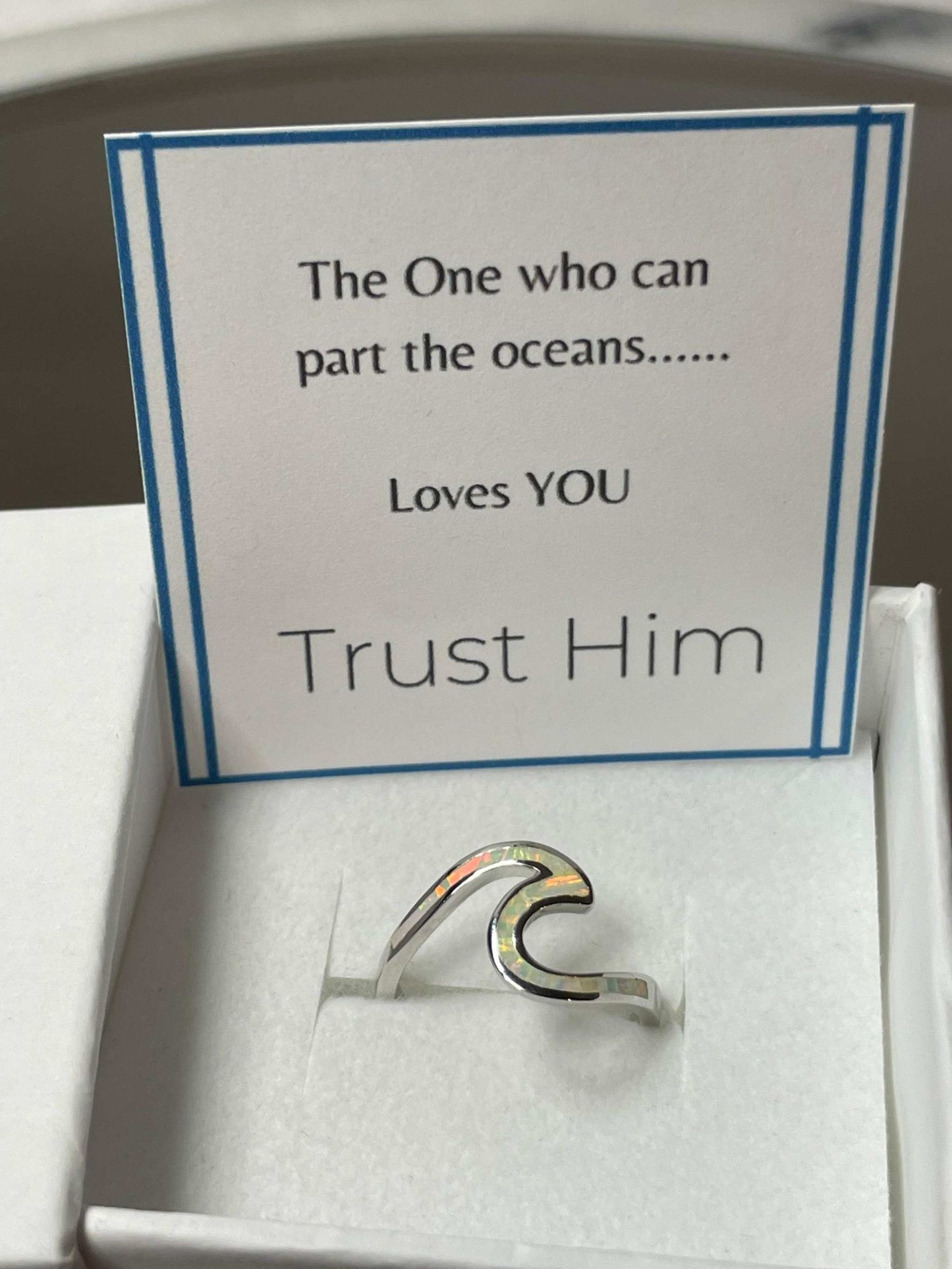 White Opal and Silver Wave Ring - God's Promise- Walk on Water- Christian Jewelry- Faith Based Gift Idea