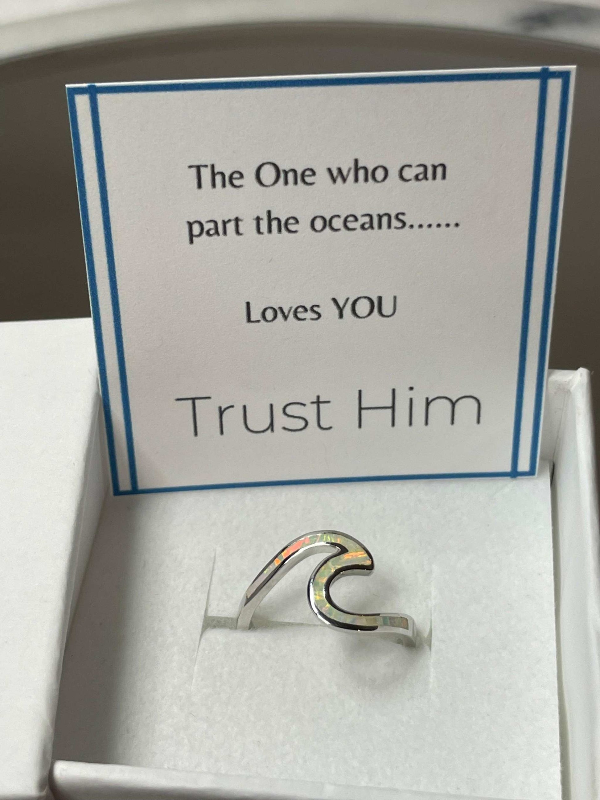 White Opal and Silver Wave Ring - God's Promise- Walk on Water- Christian Jewelry- Faith Based Gift Idea
