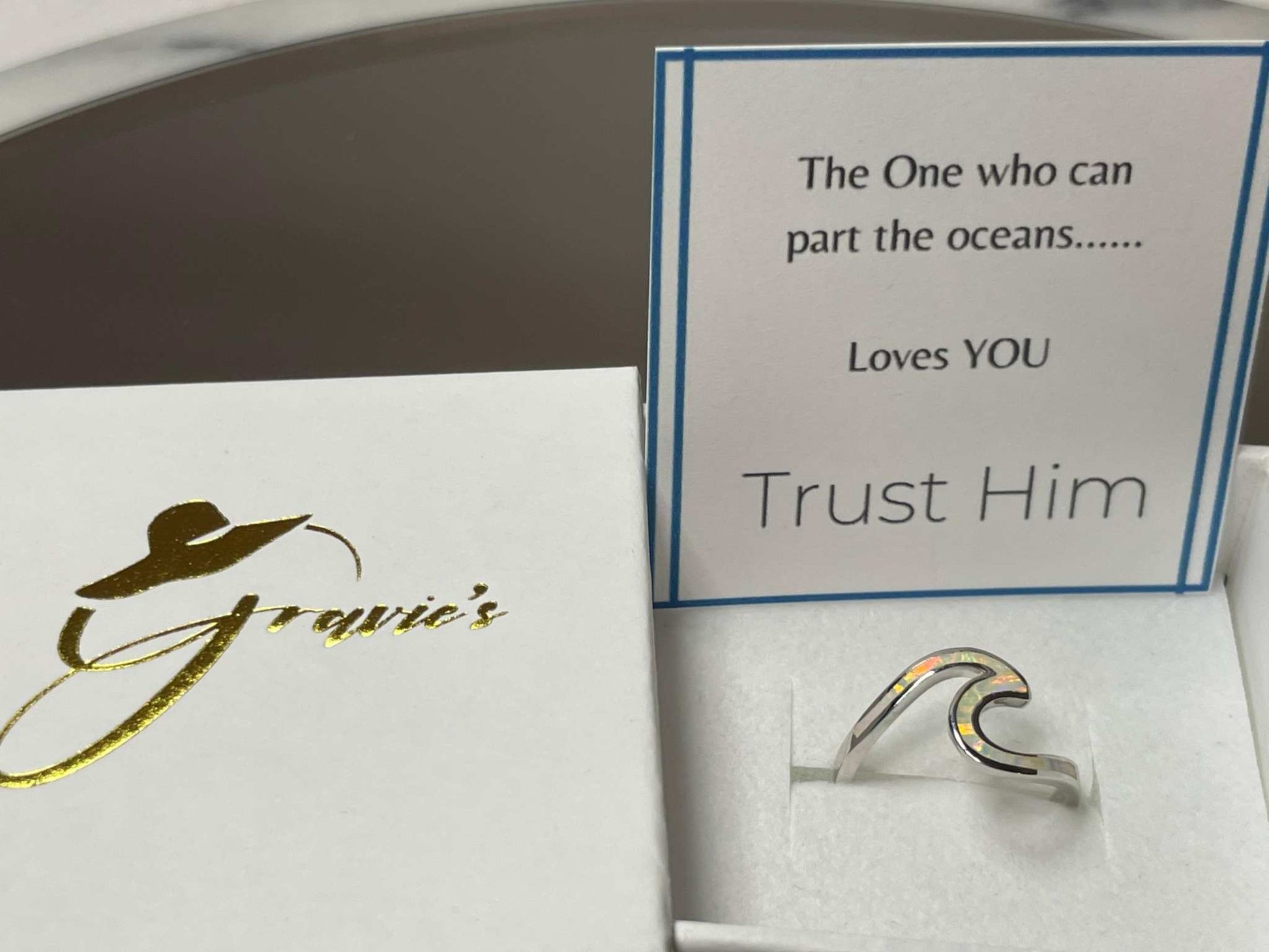White Opal and Silver Wave Ring - God's Promise- Walk on Water- Christian Jewelry- Faith Based Gift Idea