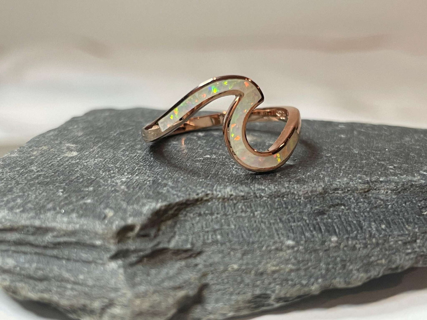 White Opal and Rose Gold Wave Ring - God's Promise- Walk on Water- Christian Jewelry- Faith Based Gift Idea