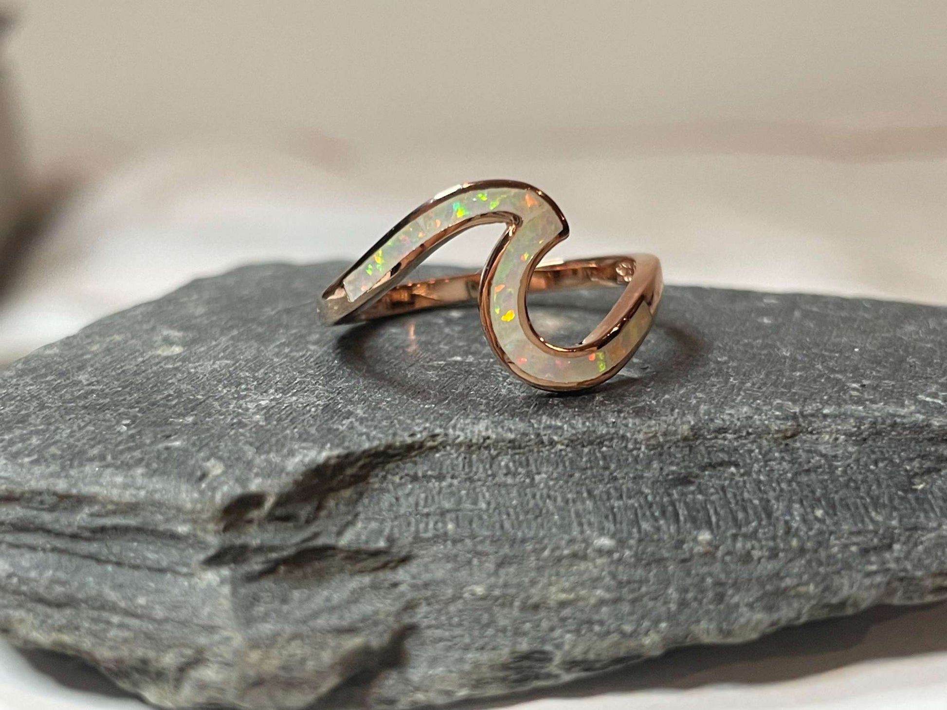 White Opal and Rose Gold  Wave Ring - God's Promise- Walk on Water- Christian Jewelry- Faith Based Gift Idea
