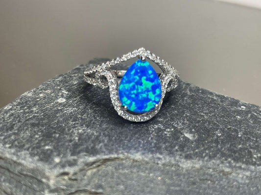 Tear Drop Blue Opal Ring, God's Promises, He will wipe your tears, Christian Jewelry .925 Silver