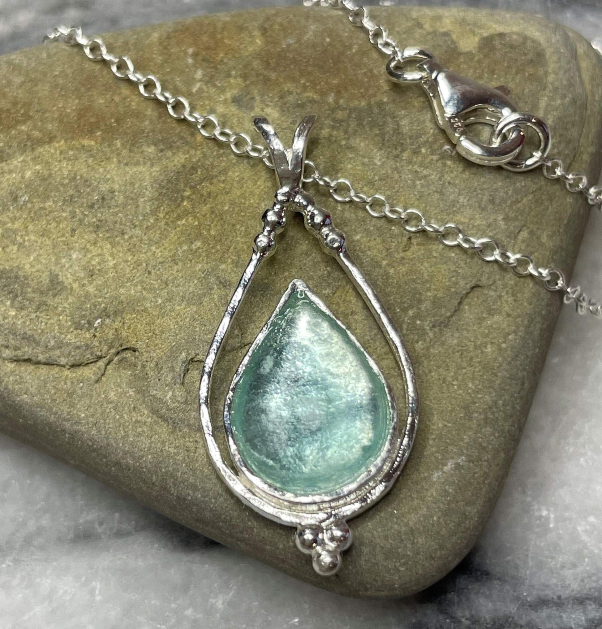Roman Glass Pendant Necklace, Pear Shaped, Lobster clasp, handmade, .925 Silver, Authentic, Gifts from Israel. Christian Jewelry