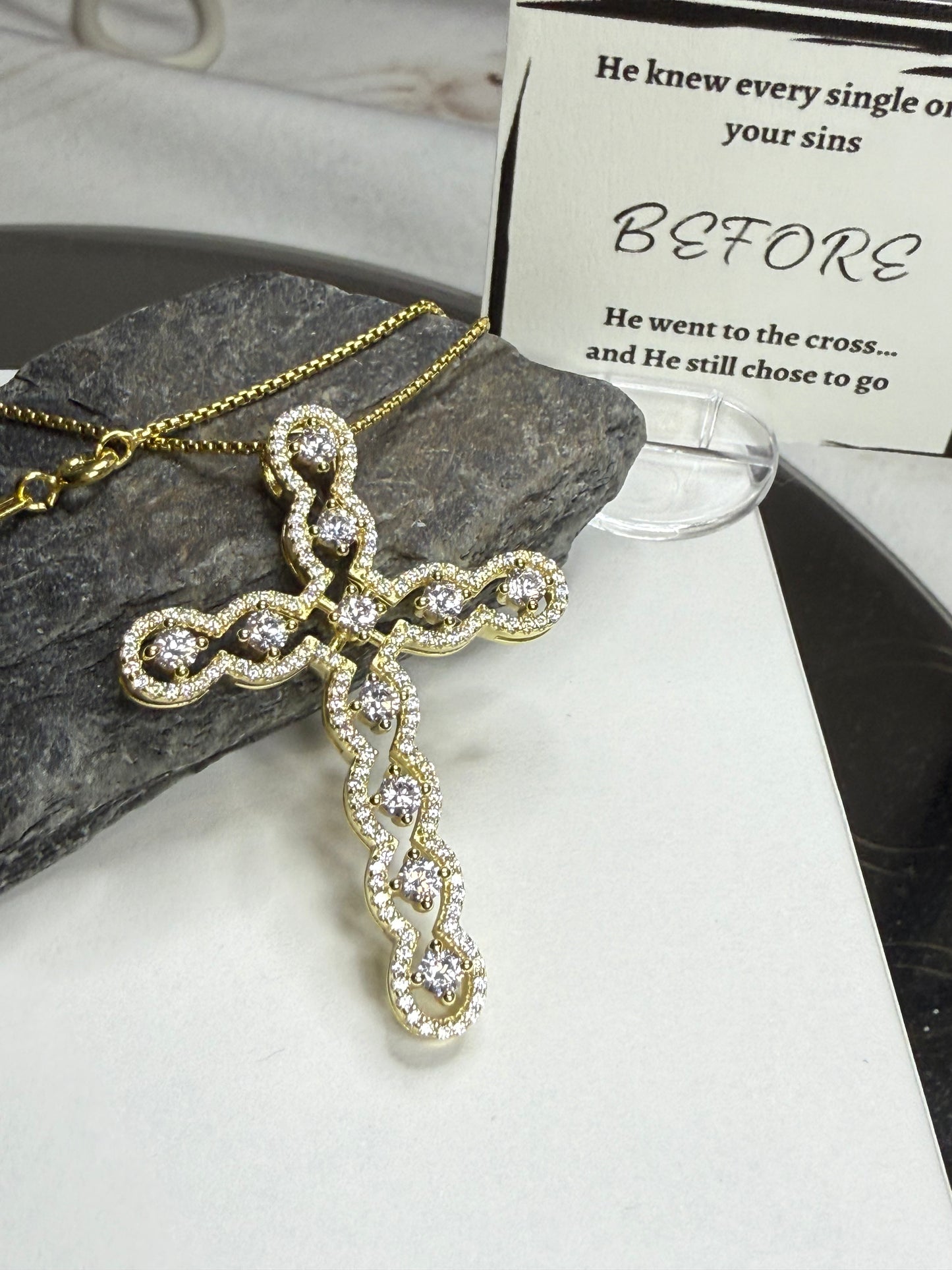 Gold CZ Floating Cross Necklace