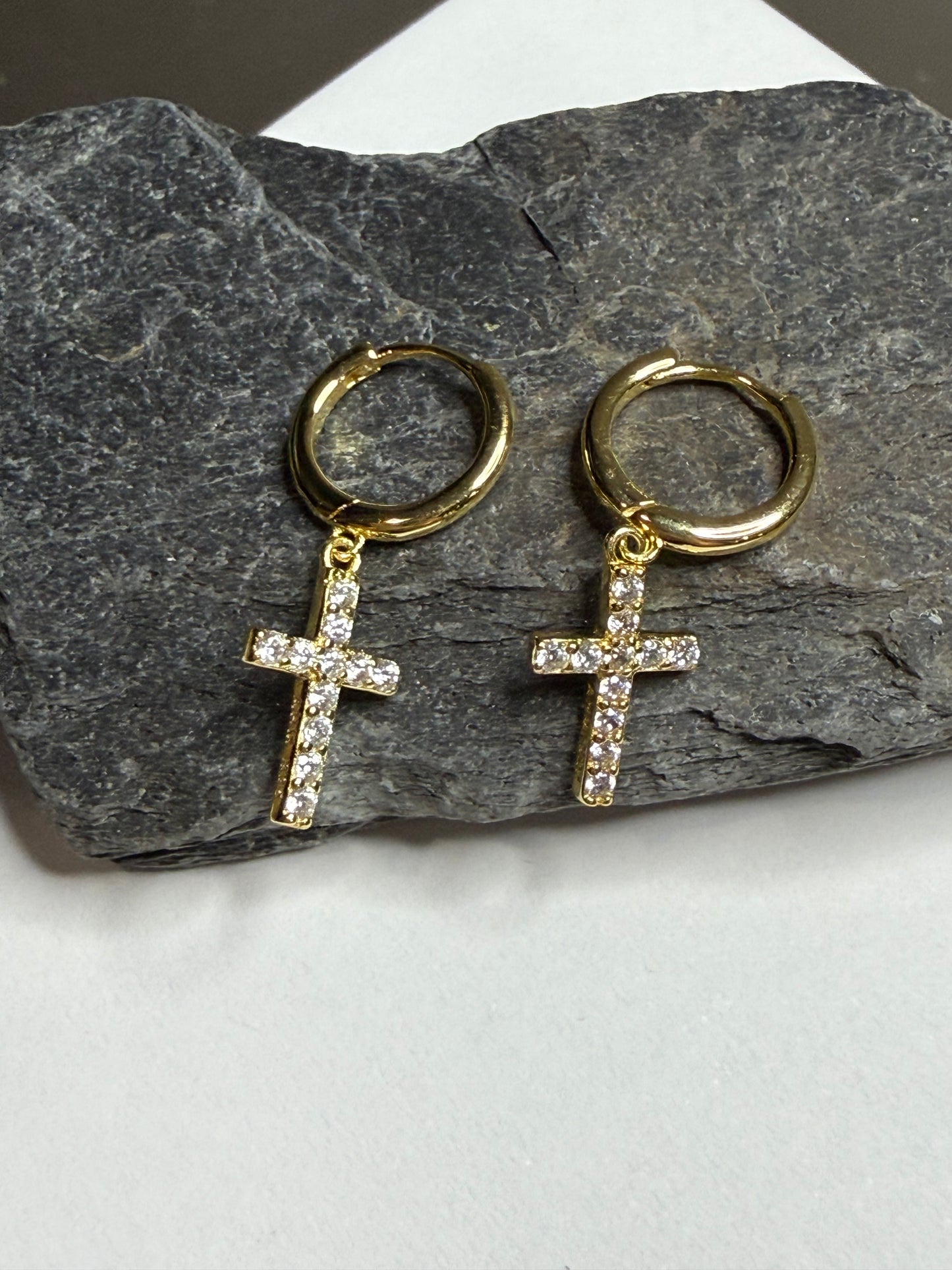 Gold Hoop Earrings with CZ Cross