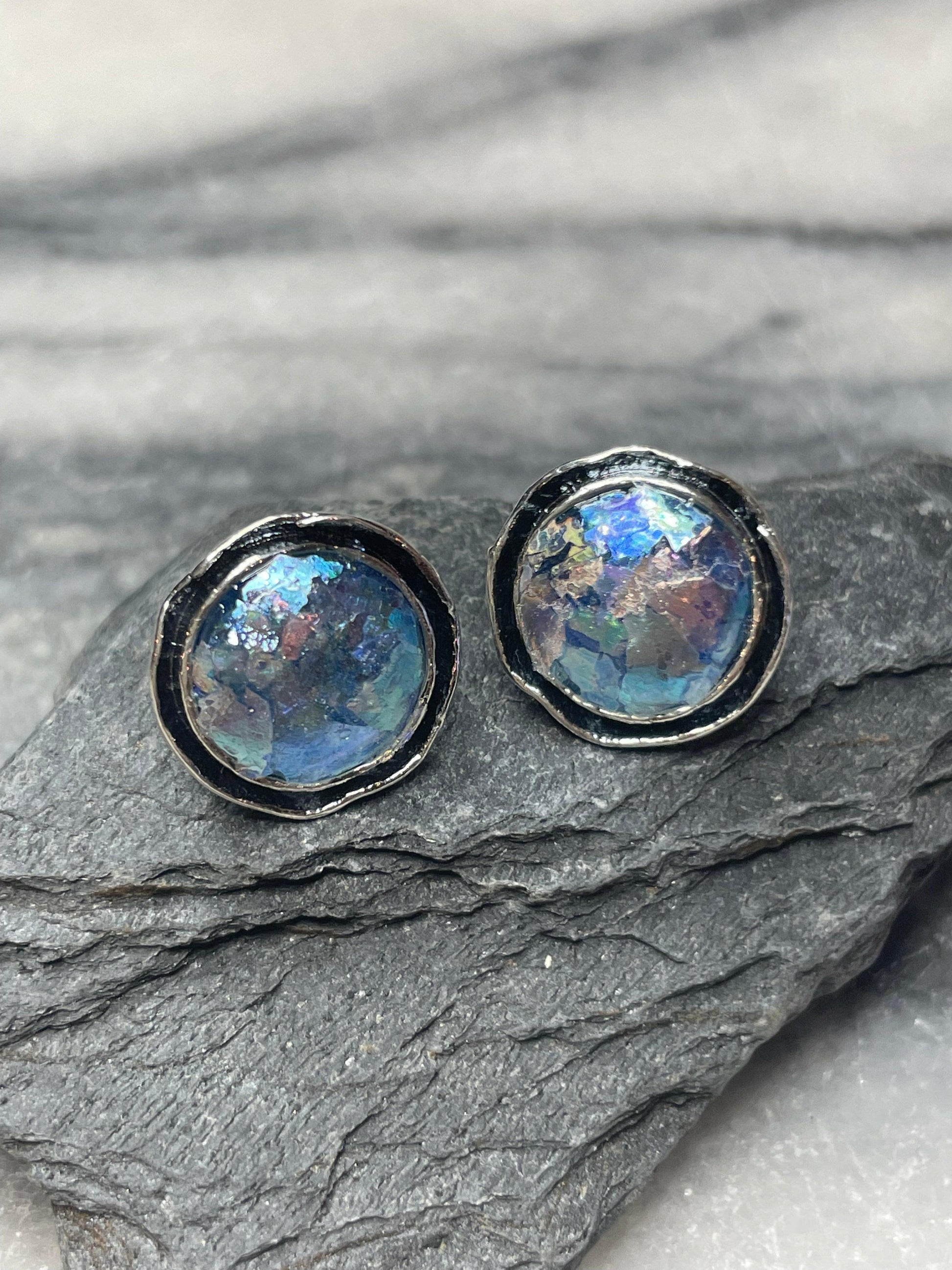 Roman Glass Stud Earrings, Round Oxidized authentic Roman Glass from Israel Chrisitan Gift Idea, Unique faith based jewelry