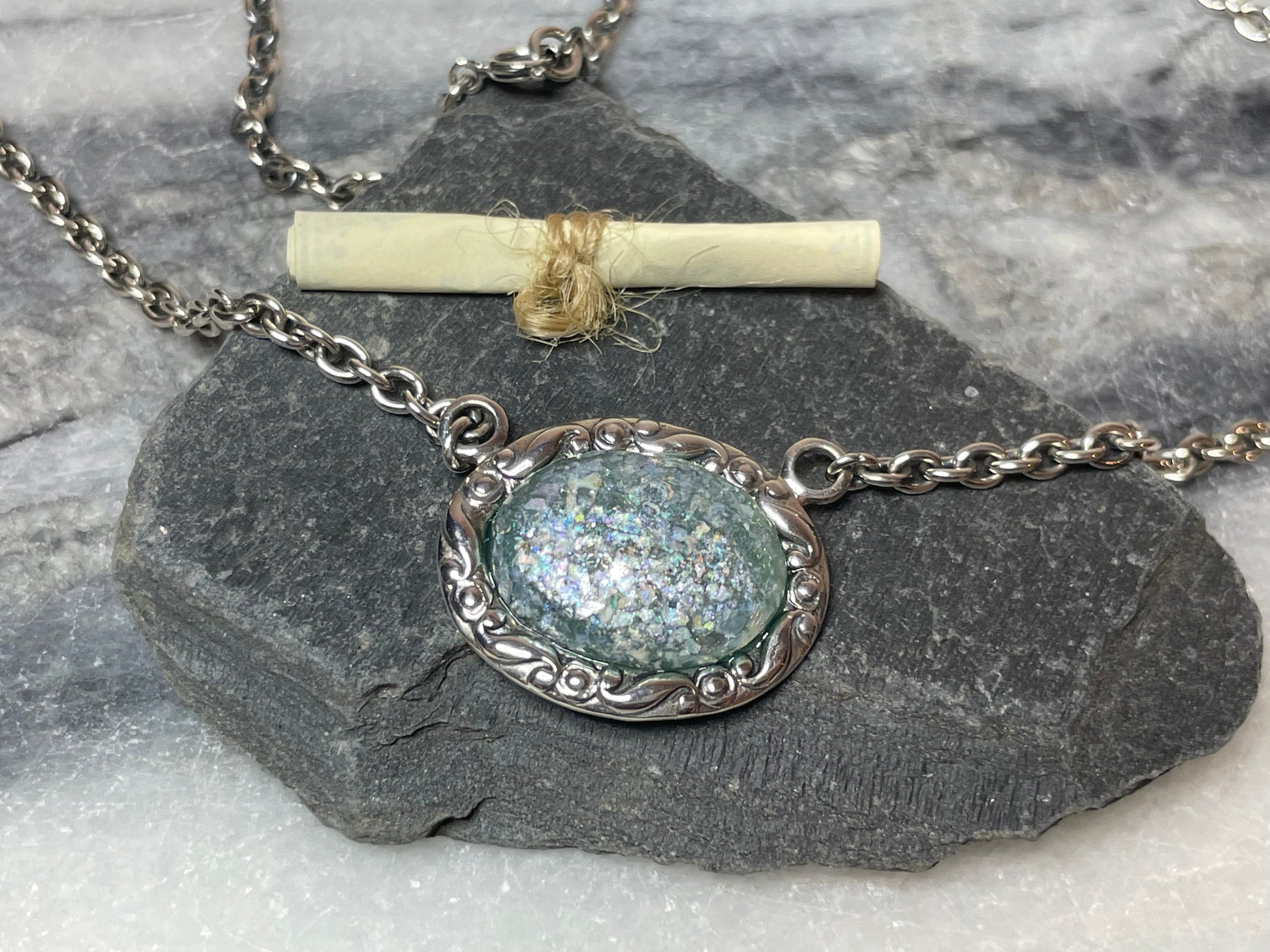 Roman glass, Oval Necklace, Authentic, Made in Israel, The Holy Land, .925 silver, handmade, Christian jewelry, Christian gift ideas for her