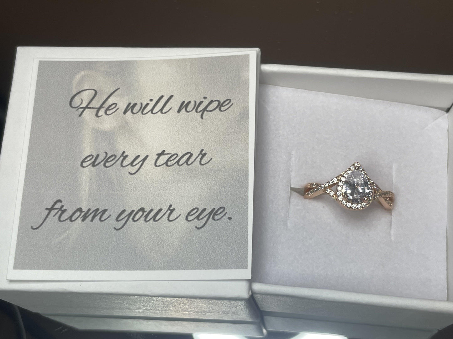 Tear Drop Rose Gold Ring, God's Promises, He will wipe your tears, Christian Jewelry .925 Silver