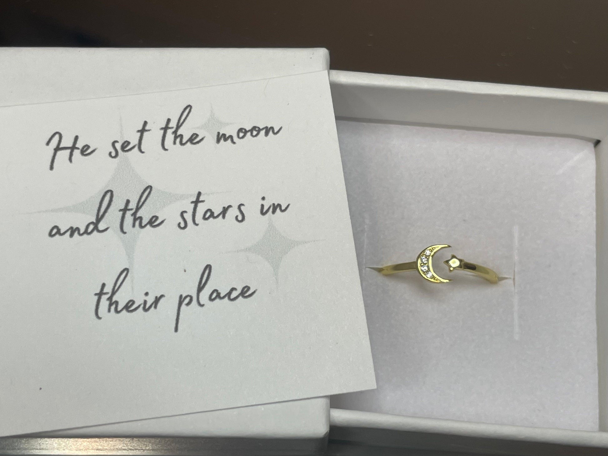He hung the moon and stars, Gold and Rose Gold Moon and Stars Ring, God's Promises, Christian Gift Ideas, Meaningful Jewelry
