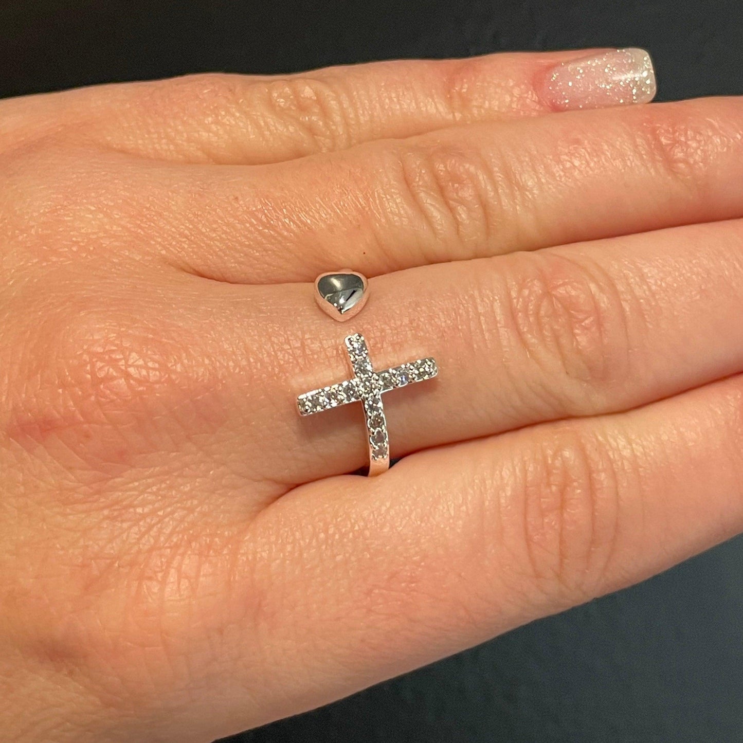 Adjustable Cross and Heart Ring